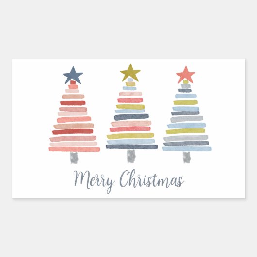 メリークリスマスカラフルの積み重ね木 長方形シール (正面)