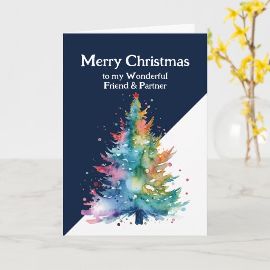 メリークリスマスカラフルツリーの友人とパートナー カード (黄色い花)