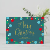 メリークリスマスカラフルティール(緑がかった色)ゴールドフォイル 箔シーズンカード (立ち正面)
