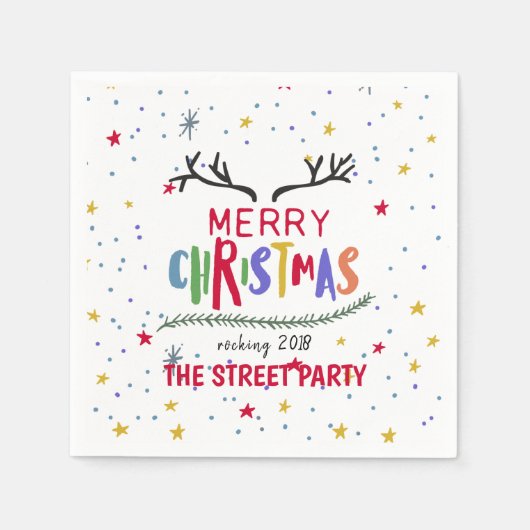 メリークリスマスカラフルトナカイ〔雄ジカの〕枝角&スター スタンダードカクテルナプキン (正面)