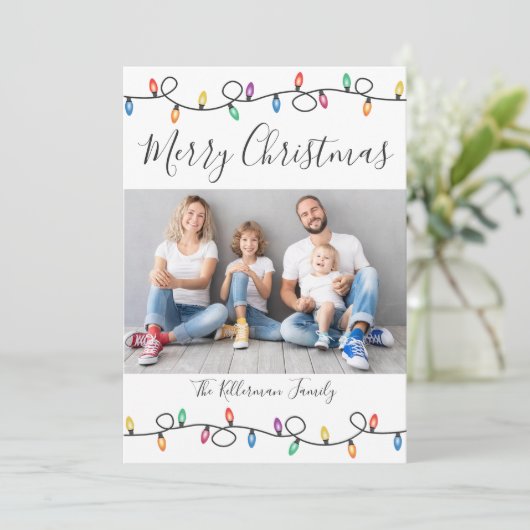 メリークリスマスカラフルホリデーライトフォトカード シーズンカード (スタンド正面)