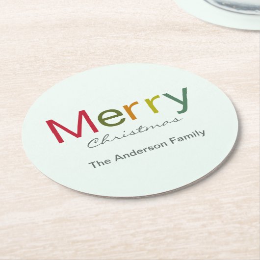 メリークリスマスカラフル文字家族 ラウンドペーパーコースター (アングル)
