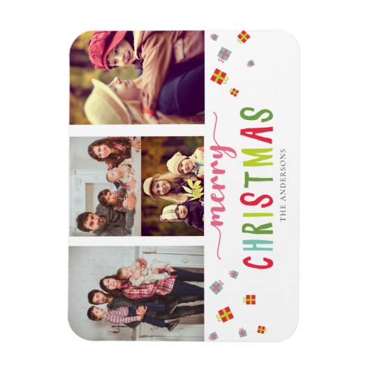 メリークリスマスカラフル3枚フォトコラージギフトボックス マグネット (縦)