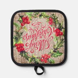 メリークリスマスカルグラフィホリーリースレッドグリーン 鍋敷き