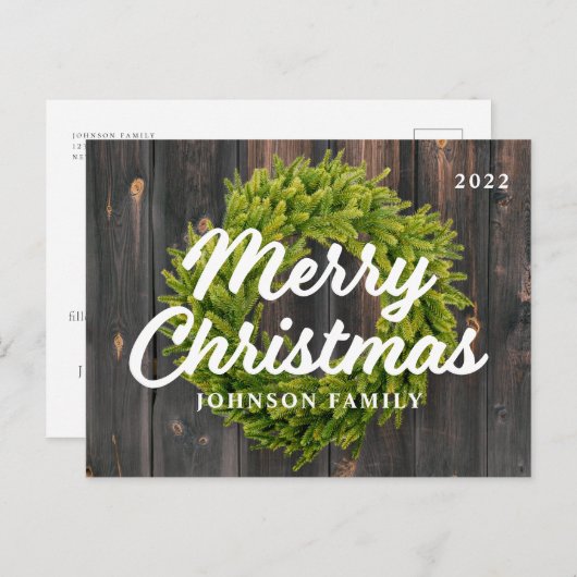 メリークリスマスカントリー素朴パインリースウッド シーズンポストカード (正面/裏面)