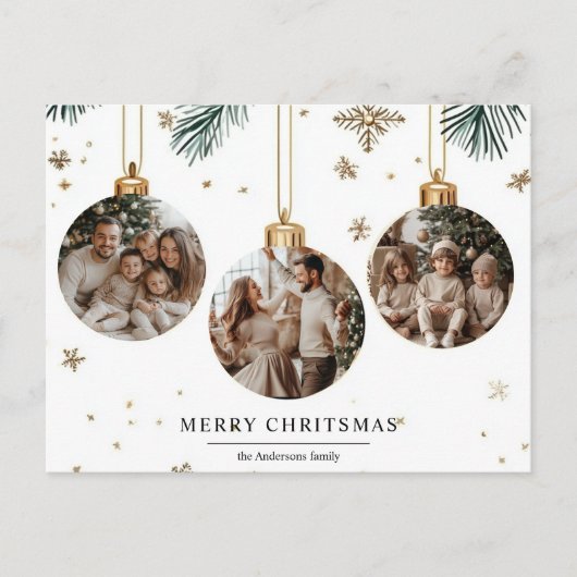 メリークリスマスカードと3枚のオーナメント写真 ポストカード (正面)