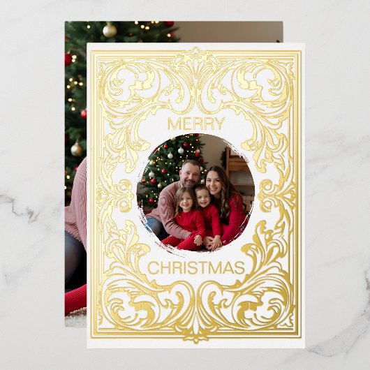 メリークリスマスカードテンプレートアールヌーボー編集可能 箔シーズンカード (正面/裏面)