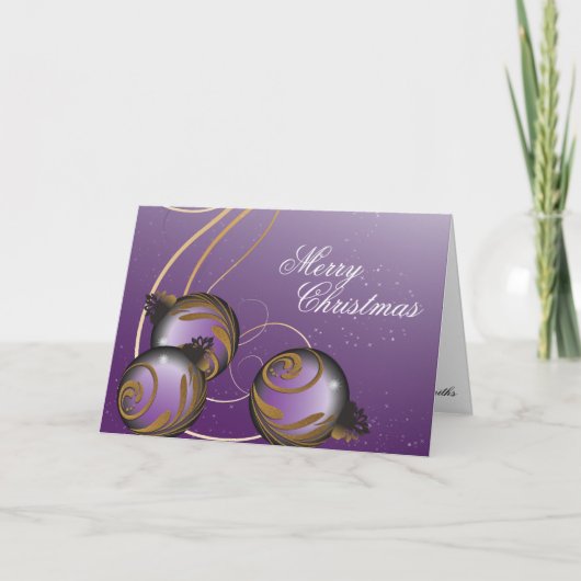 メリークリスマスカードパープエレガントル金ゴールドオーナメント シーズンカード (正面)