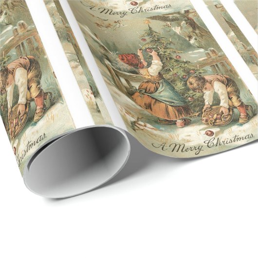 メリークリスマスカードヴィンテージの休日の子供の木 ラッピングペーパー (ロールコーナー)