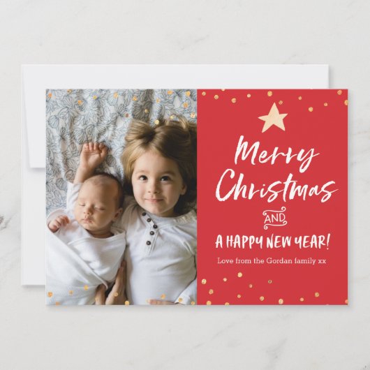 メリークリスマスカード家族の写真金ゴールドスター シーズンカード (正面)
