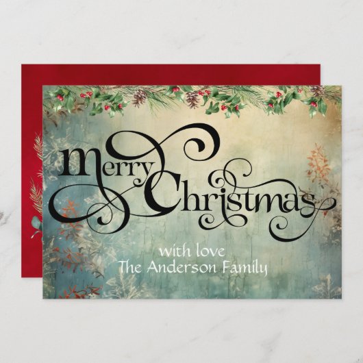 メリークリスマスカール渦巻き型ヴィンテージグリーン シーズンカード (正面/裏面)