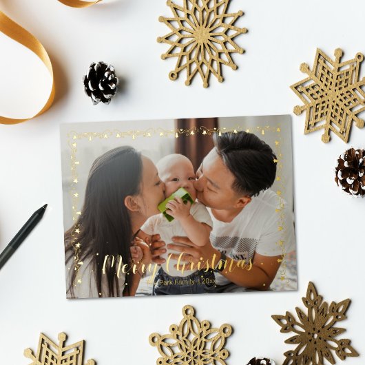 メリークリスマスガーランド家族の写真 箔シーズンポストカード