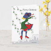 メリークリスマスガール歩くの雪のステップ カード (黄色い花)