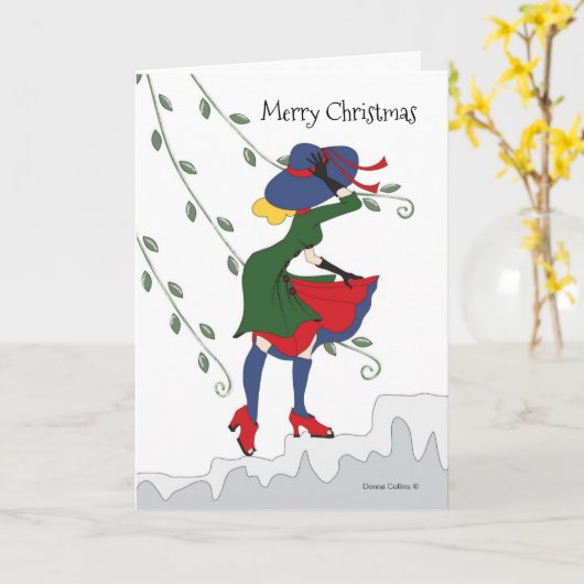 メリークリスマスガール歩くの雪のステップ カード (黄色い花)