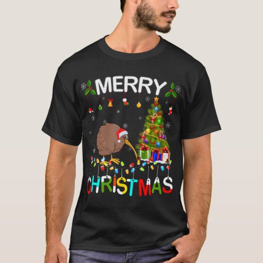 メリークリスマスキウイサンタハットライトクリスマスキウイ Tシャツ (正面)