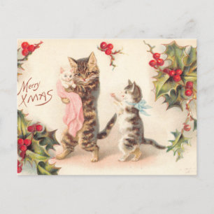 メリークリスマスキャットアンド子猫ホリーヴィンテージ ポストカード
