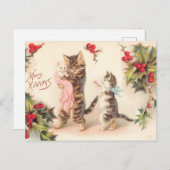 メリークリスマスキャットアンド子猫ホリーヴィンテージ ポストカード (正面/裏面)