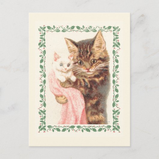 メリークリスマスキャットキットンホリーヴィンテージホリデー ポストカード (正面)