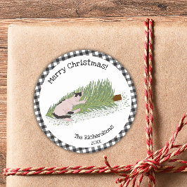 メリークリスマスキャットブラック&ホワイトギンガム ラウンドシール