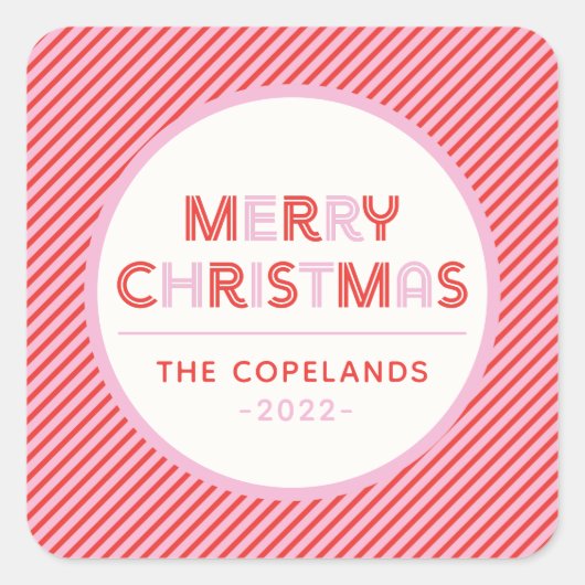 メリークリスマスキャンディストライプケインカスタムラベル スクエアシール (正面)