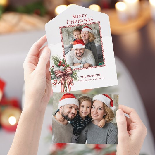 メリークリスマスキャンディーケーンボウ写真 オールインワン招待状