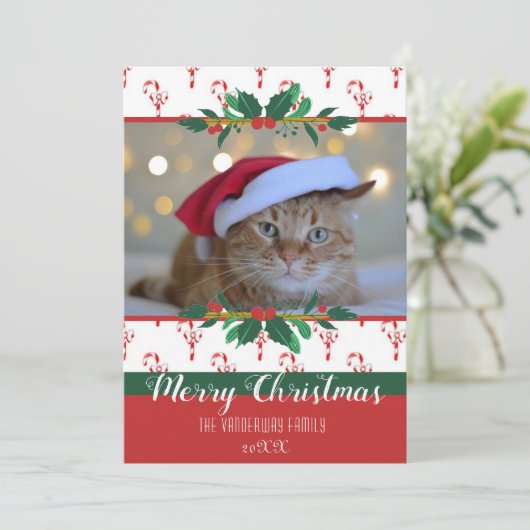 メリークリスマスキャンディーケーン弓フォトホリデーカード シーズンカード (スタンド正面)