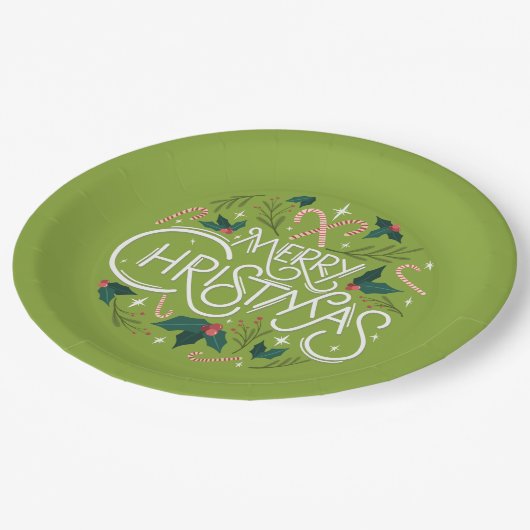 メリークリスマスキャンディーケーン&ホリー名年グリーン ペーパープレート (アングル)