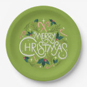 メリークリスマスキャンディーケーン&ホリー名年グリーン ペーパープレート (正面)