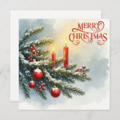 メリークリスマスキャンドル、ベリーとオーナメント シーズンカード (正面/裏面)