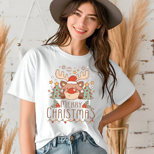 メリークリスマスキュートお洒落フェスティバルトナカイ トライブレンドTシャツ