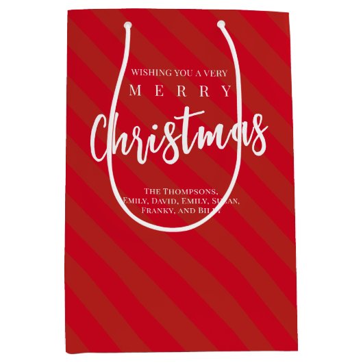 メリークリスマスキュートお洒落レッドストライプのおもしろい ミディアムペーパーバッグ (正面)