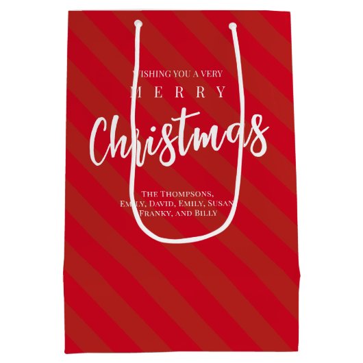 メリークリスマスキュートお洒落レッドストライプのおもしろい ミディアムペーパーバッグ (裏面)