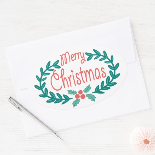 メリークリスマスキュートな手描きホリーリース 楕円形シール (封筒)