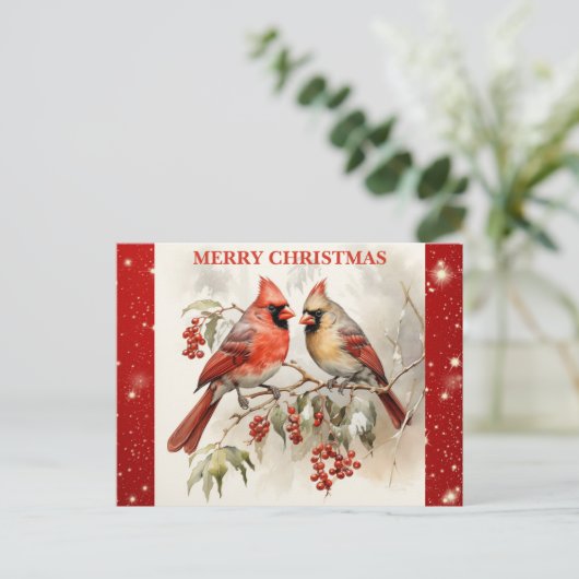 メリークリスマスキュートウォーター色（鳥）ショウジョウコウカンチョウ ポストカード (スタンド正面)