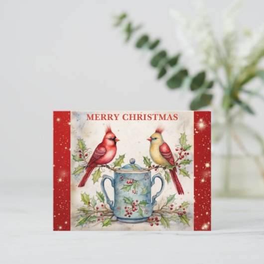 メリークリスマスキュートウォーター色（鳥）ショウジョウコウカンチョウ ポストカード (スタンド正面)