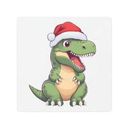 メリークリスマスキュートクリスマスベビーサンタ恐竜 メタルプリント