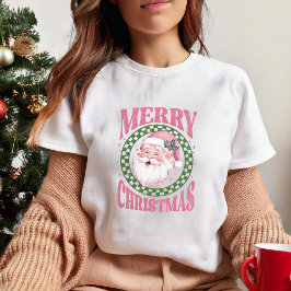 メリークリスマスキュートサンタピンクレトログリッター Tシャツ