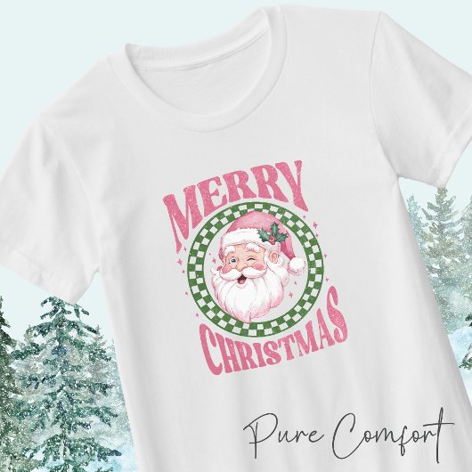 メリークリスマスキュートサンタピンクレトログリッター Tシャツ