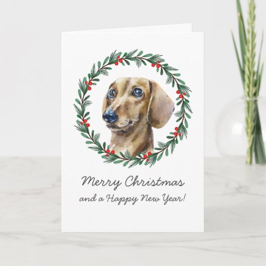 メリークリスマスキュートダッシュンドホリデーリースカード シーズンカード (正面)