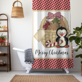 メリークリスマスキュートペンギンレトロホリデーバスケット シャワーカーテン