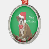 メリークリスマスキュートボクサードッグクリスマスサンタ帽子 メタルオーナメント (左)