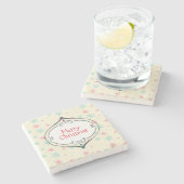 メリークリスマスキュートボードピンク&ブルースノーフレーク ストーンコースター (横)