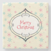 メリークリスマスキュートボードピンク&ブルースノーフレーク ストーンコースター (正面)