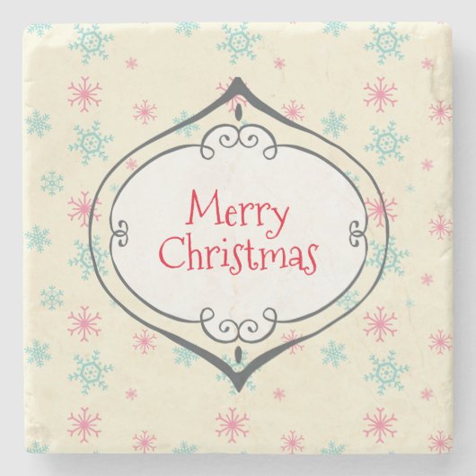 メリークリスマスキュートボードピンク&ブルースノーフレーク ストーンコースター (正面)