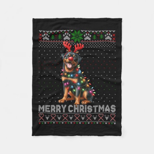 メリークリスマスキュートロットワイラードッグ愛醜いXma フリースブランケット (正面)