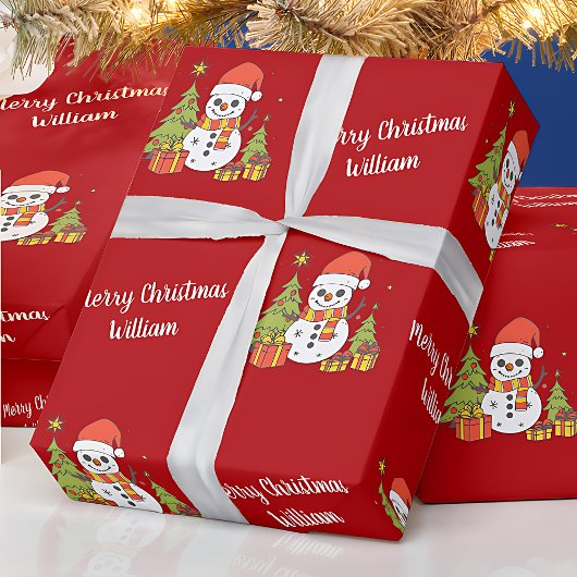 メリークリスマスキュート雪だるまツリーパターンヴィンテージ ラッピングペーパー