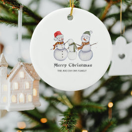メリークリスマスキュート雪だるまファミリークリスマス セラミックオーナメント