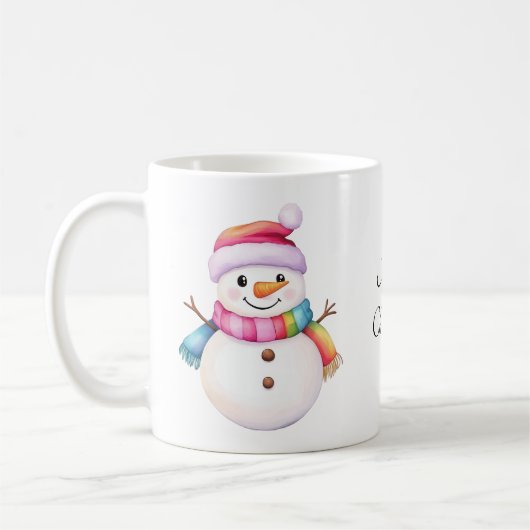 メリークリスマスキュート雪だるまレインボーカラー コーヒーマグカップ (左)