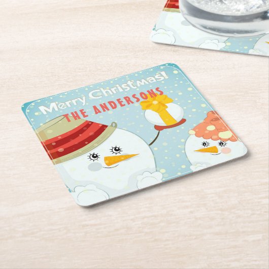 メリークリスマスキュート雪だるま冬季休暇名 スクエアペーパーコースター (アングル)