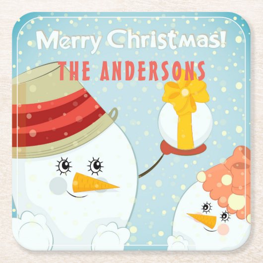 メリークリスマスキュート雪だるま冬季休暇名 スクエアペーパーコースター (正面)